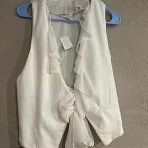 Ryu White Ruffled Sleeveless Blouse/Vest Sz Large Tie Front 2 in 1 look